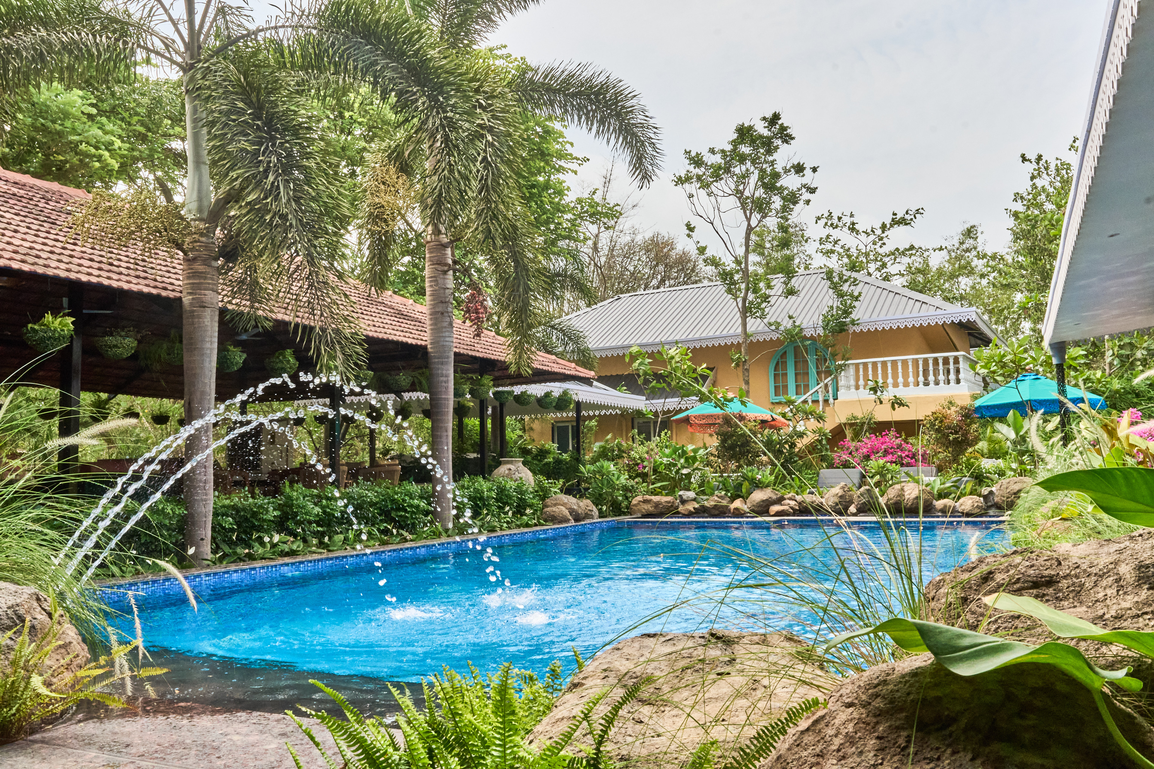The pool, with a fountain, and the garden around it