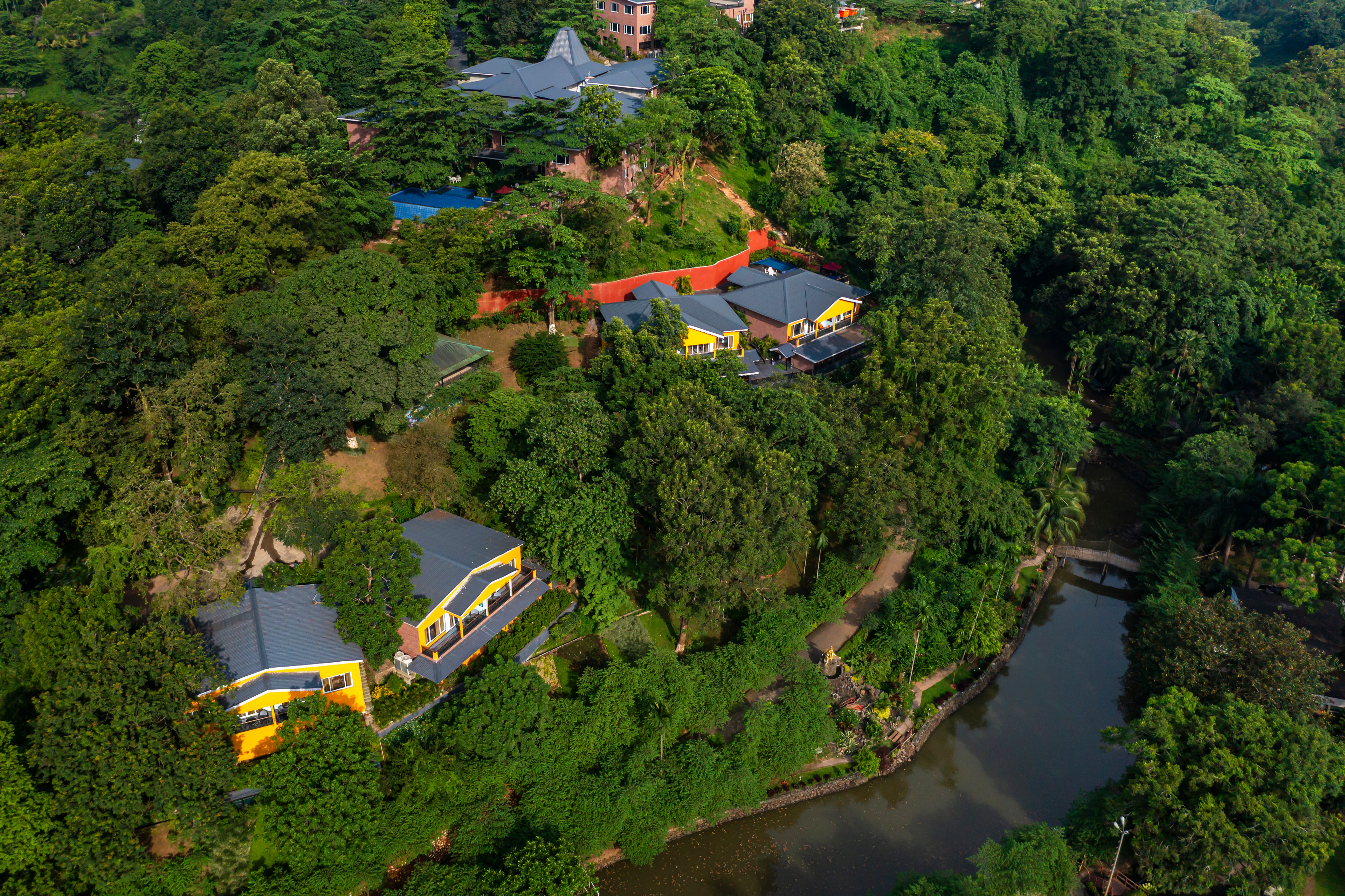 Cottages and pool villas in the forest, from above