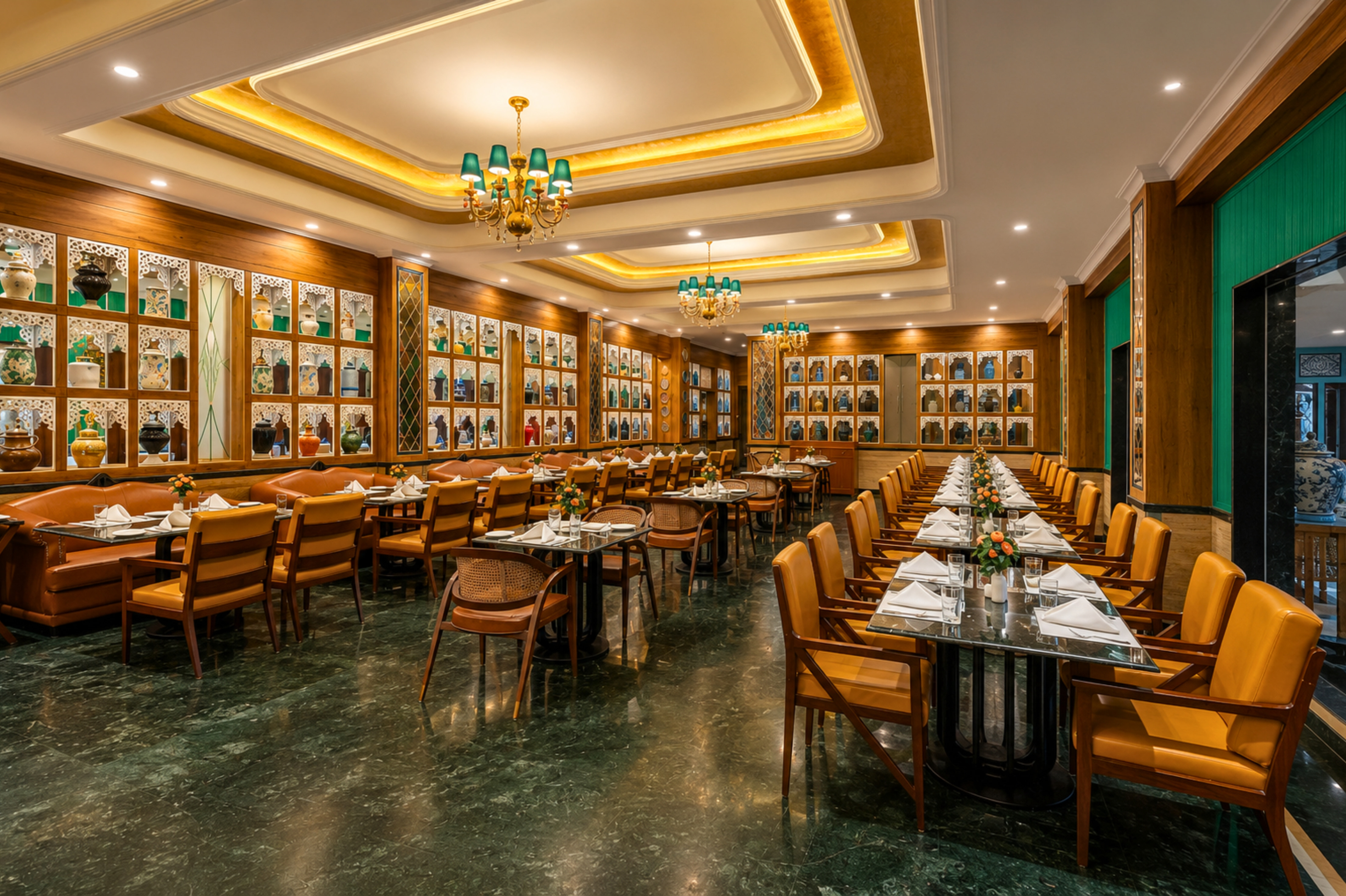 Tea Pot at MAYFAIR Oasis Resort & Convention, laid tables under a gold-lit ceiling