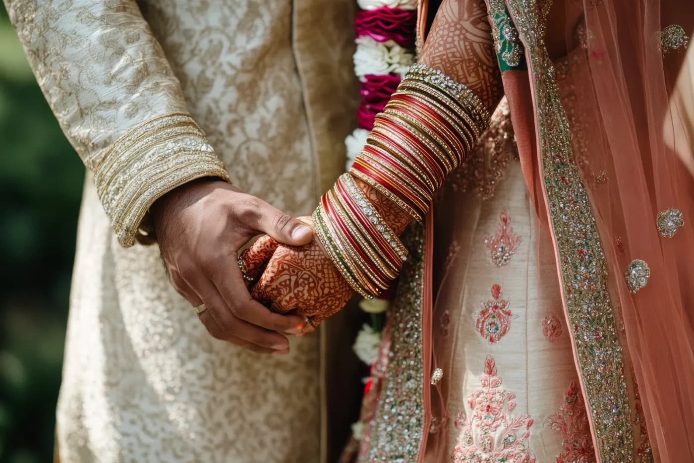 A bride and groom's clasped hands, her mehndi and bangles against his sherwani