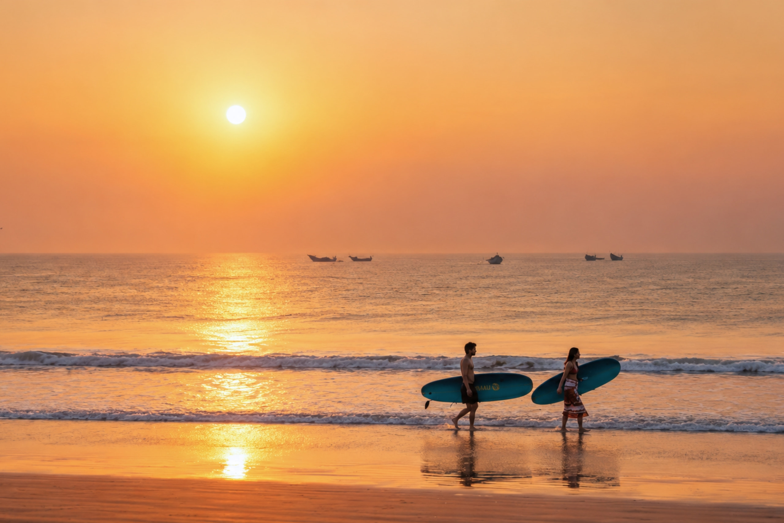 Two surfers carrying their boards along the shore at sunset on the Odisha coast