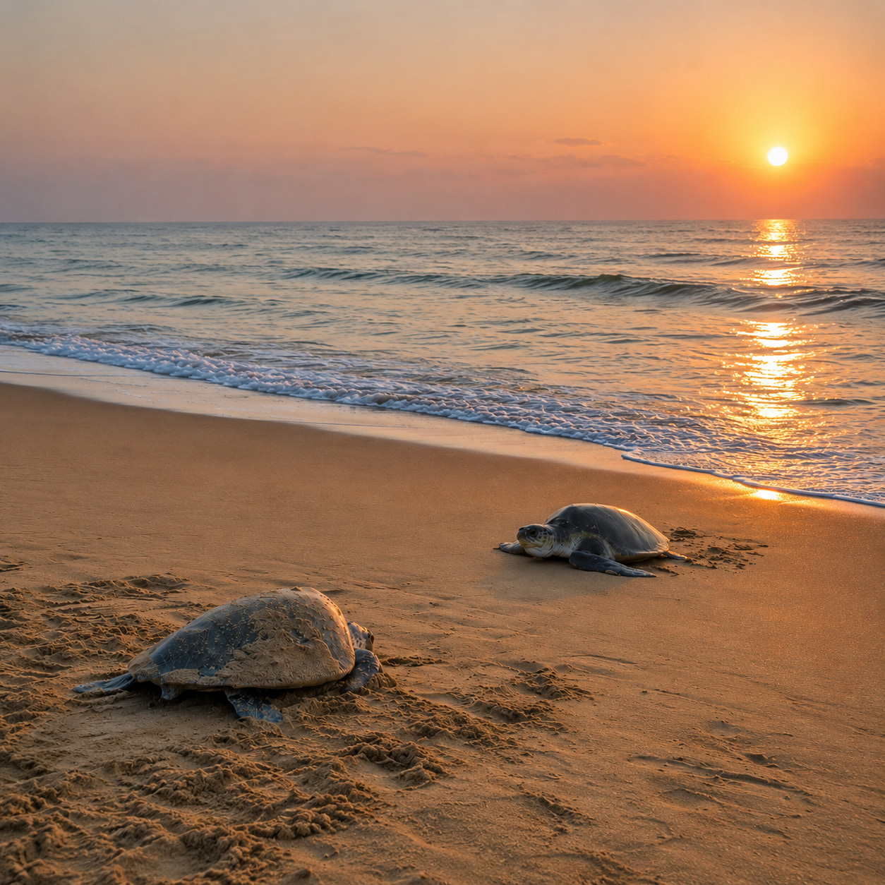 Two Olive Ridley turtles crossing the sand at sunrise on the Odisha coast