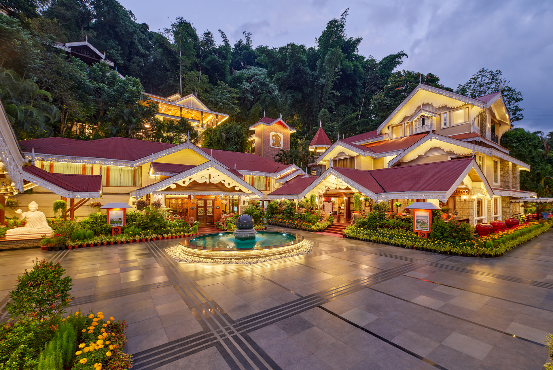 The forecourt of MAYFAIR Spa Resort & Casino, Gangtok, at dusk