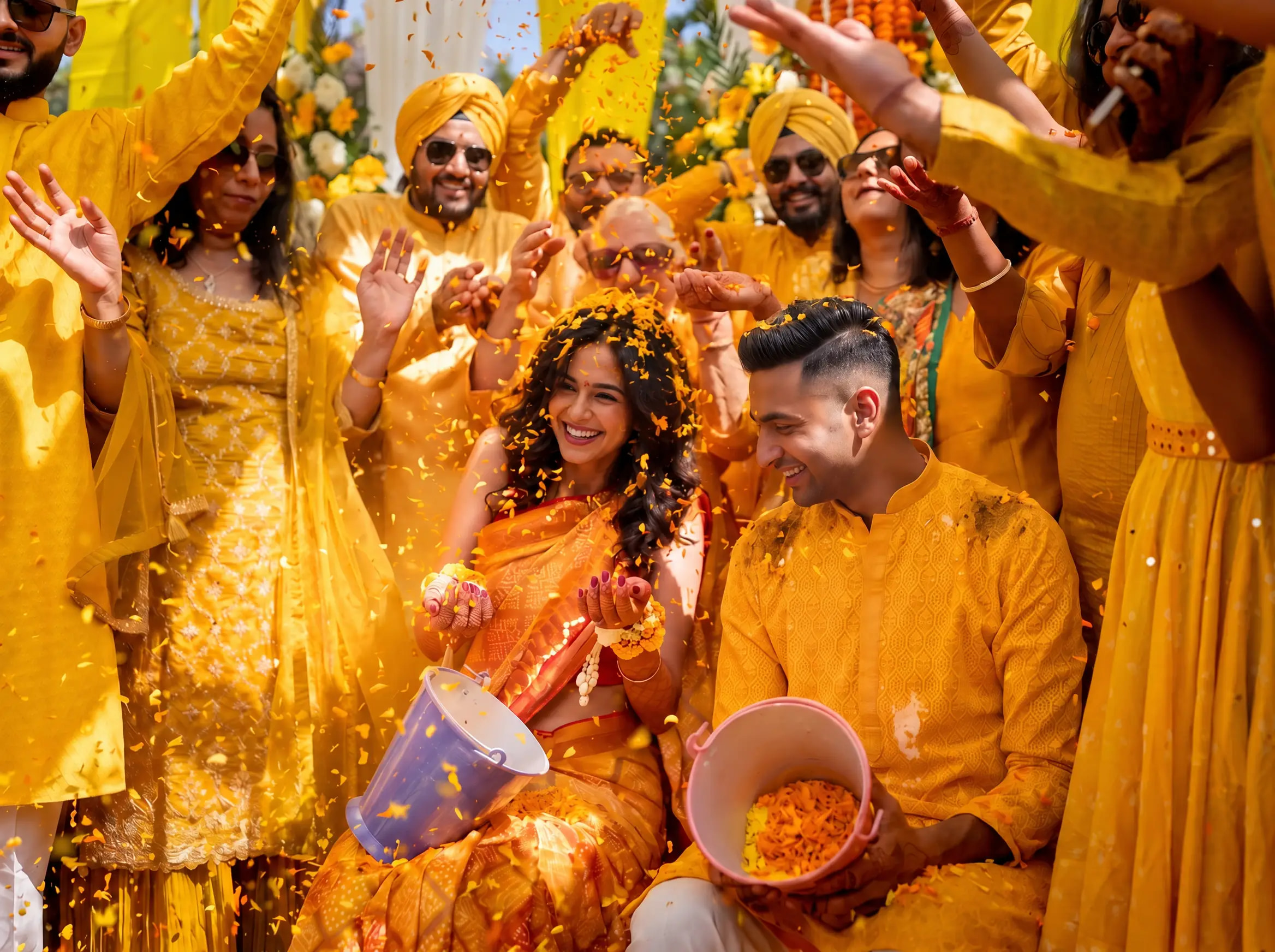 A couple seated under a shower of marigold petals at a haldi, the guests around them dressed in yellow and throwing handfuls from buckets